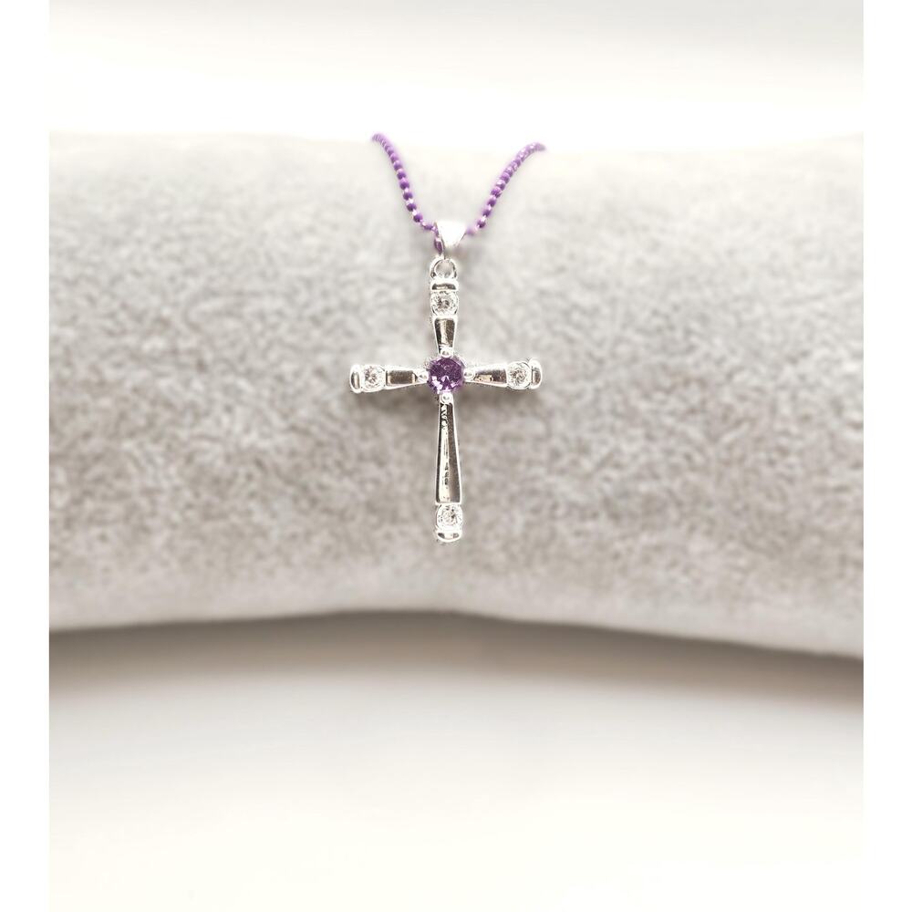 Sterling Silver Purple CZ Cross Necklace Pendant Adjustable Purple Glitter Chain